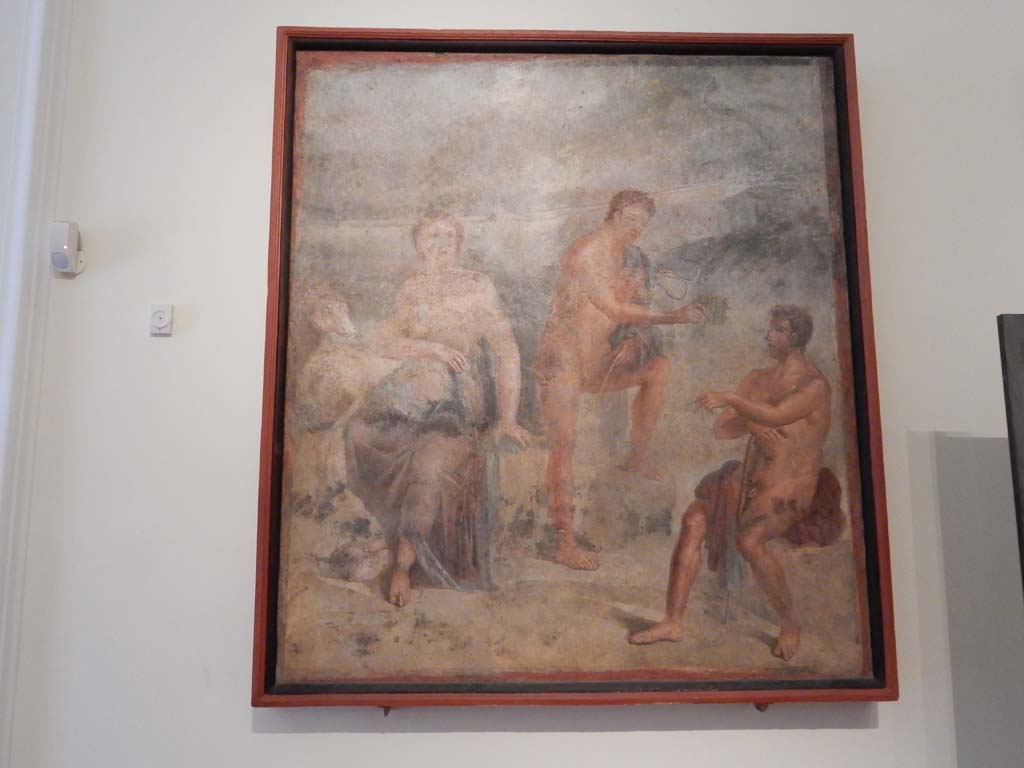 VIII.7.28 Pompeii. June 2019. 
Painting of Io, Argo and Hermes, found in the central area of the north wall of Ekklesiasterion.
Photo courtesy of Buzz Ferebee.
