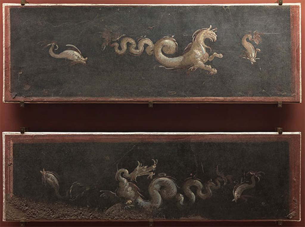 VIII.7.28 Pompeii. Two frescoes from the zoccolo of the walls of the Ekklesiasterion.
A pair of frescoes from the Temple of Isis in Pompeii, originally located on the lower walls of the goddess's devotees meeting room. 
Both with maritime themes, they present central figures-respectively horse and Sea Dragon with snake body-flanked by two dolphins.
Now in the Museu Nacional/UFRJ Brazil. 
Following the disastrous fire at the Museum on 3rd September 2018 these may have been destroyed.
Par de afrescos provenientes do Templo de Isis, em Pompeia, localizados originalmente nas paredes inferiores da sala de reunio dos devotos da deusa. 
Ambos com temas martimos , apresentam figuras centrais - respectivamente cavalo e drago marinhos com corpo de serpente - ladeadas por dois golfinhos.
See http://www.museunacional.ufrj.br/dir/exposicoes/arqueologia/culturas-mediterraneo/arqcmed016.html
