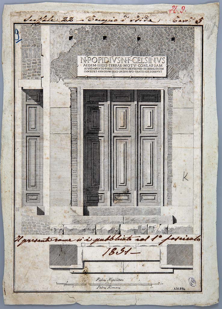 VIII.7.28 Pompeii. Engraving by Francesco La Vega of exterior of doorway with plaque above, 1851. 
Now in Naples Archaeological Museum. Inventory number ADS 894.
Photo © ICCD. http://www.catalogo.beniculturali.it
Utilizzabili alle condizioni della licenza Attribuzione - Non commerciale - Condividi allo stesso modo 2.5 Italia (CC BY-NC-SA 2.5 IT)
