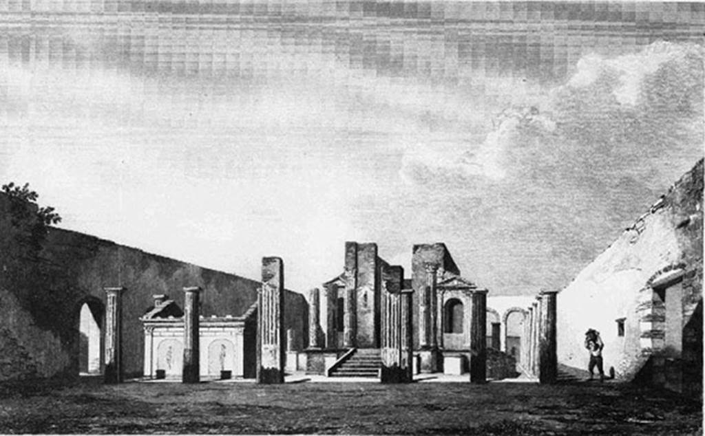VIII.7.28 Pompeii. 1838. View of the inside of the Temple of Isis.
See Mazois, F., 1838. Les Ruines de Pompei: Quatrieme Partie. Paris: Didot Freres. (plate VIII).
