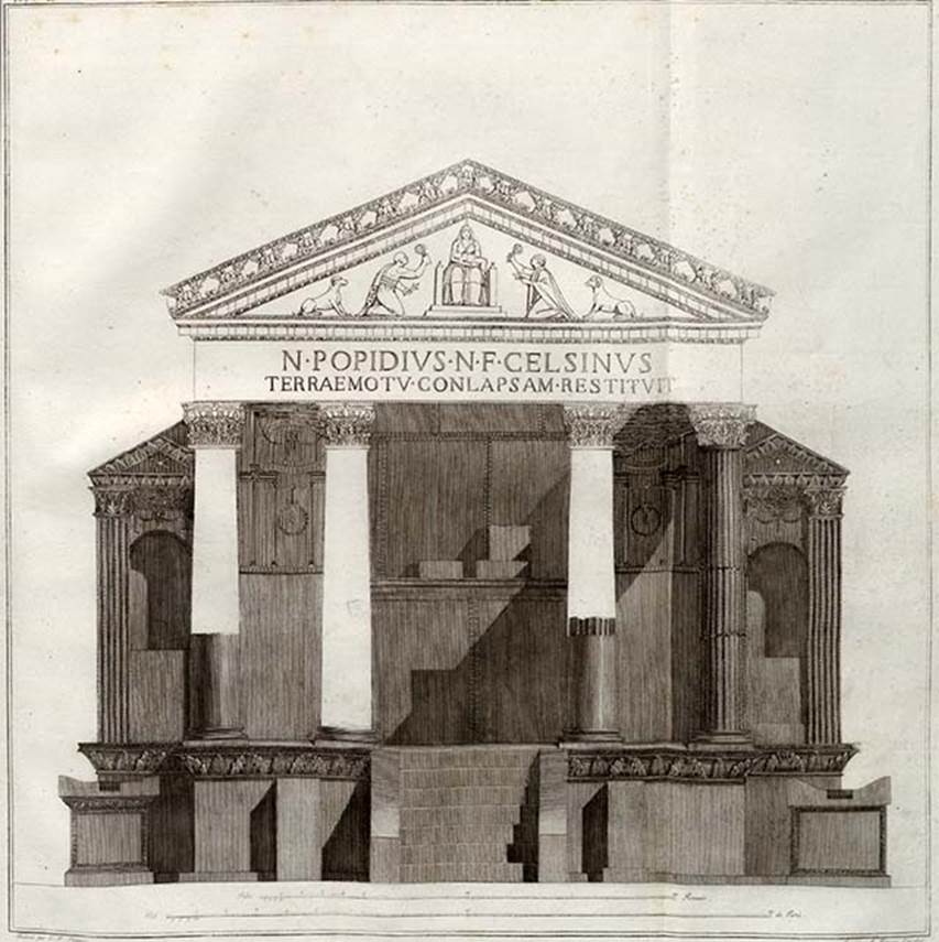 VIII.7.28 Pompeii. 1804 drawing by Piranesi of temple front view, showing a reconstruction of the portico. 
At the top of the pediment are moulded reliefs of the winged figures holding shields and armour.
See Piranesi, F, 1804. Antiquites de la Grande Grece: Tome II. Paris: Piranesi and Le Blanc, pl. LXIX.
