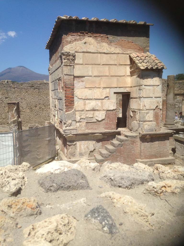 VIII.7.28 Pompeii. August 2017. Looking north towards south wall of cella, from wall of Large Theatre.
Photo courtesy of Mark Walker.
