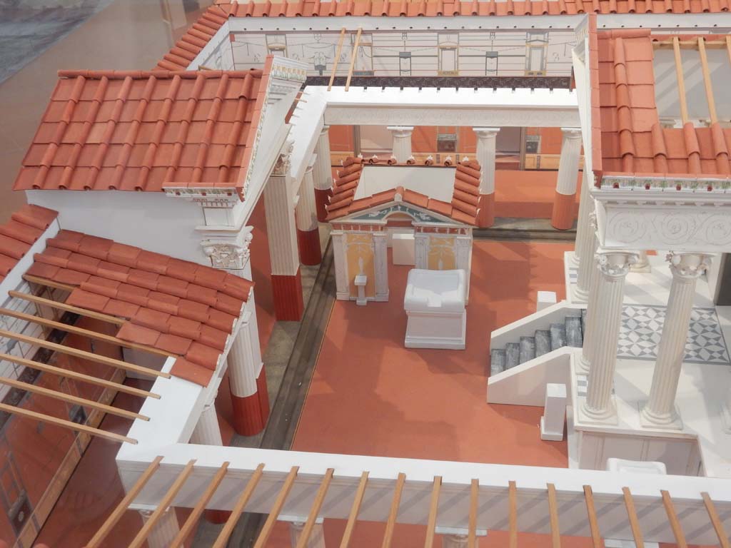 VIII.7.28 Pompeii. June 2019. Looking south along east portico on model now in Naples Archaeological Museum.  Photo courtesy of Buzz Ferebee.