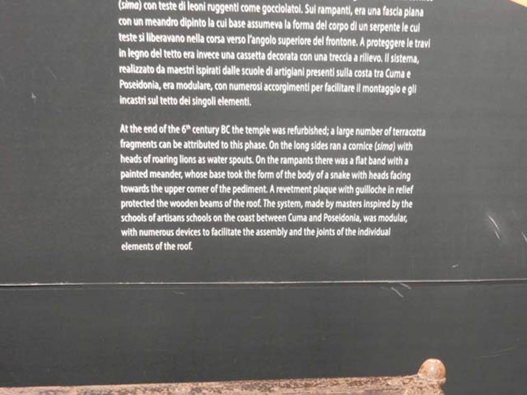 VIII.7.31 Pompeii, May 2018. Display information notice-board. 
The temple was refurbished at the end of the 6th Century BC and a large number of terracotta fragments have been found from this phase.
Photo courtesy of Buzz Ferebee.
