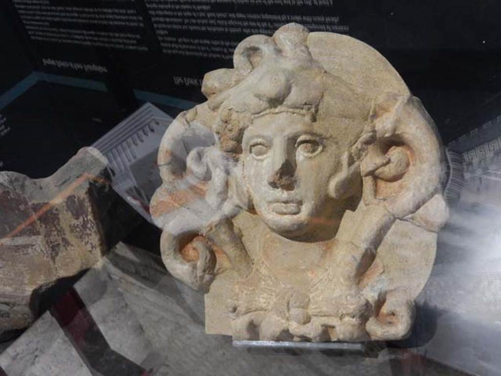VIII.7.31 Pompeii, May 2018. Architectural antefix of a female head with traces of colour.
Photo courtesy of Buzz Ferebee.
