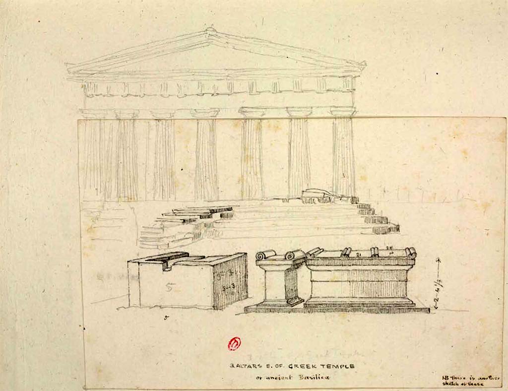 VIII.7.31 Pompeii. Between 1819 and 1832, sketch by W. Gell of altars at the Greek temple (artists impression).
See Gell, W. Pompeii unpublished [Dessins de l'édition de 1832 donnant le résultat des fouilles post 1819 (?)] vol II, pl. 55.
Bibliothèque de l'Institut National d'Histoire de l'Art, collections Jacques Doucet, Identifiant numérique Num MS180 (2).
See book in INHA Use Etalab Licence Ouverte
