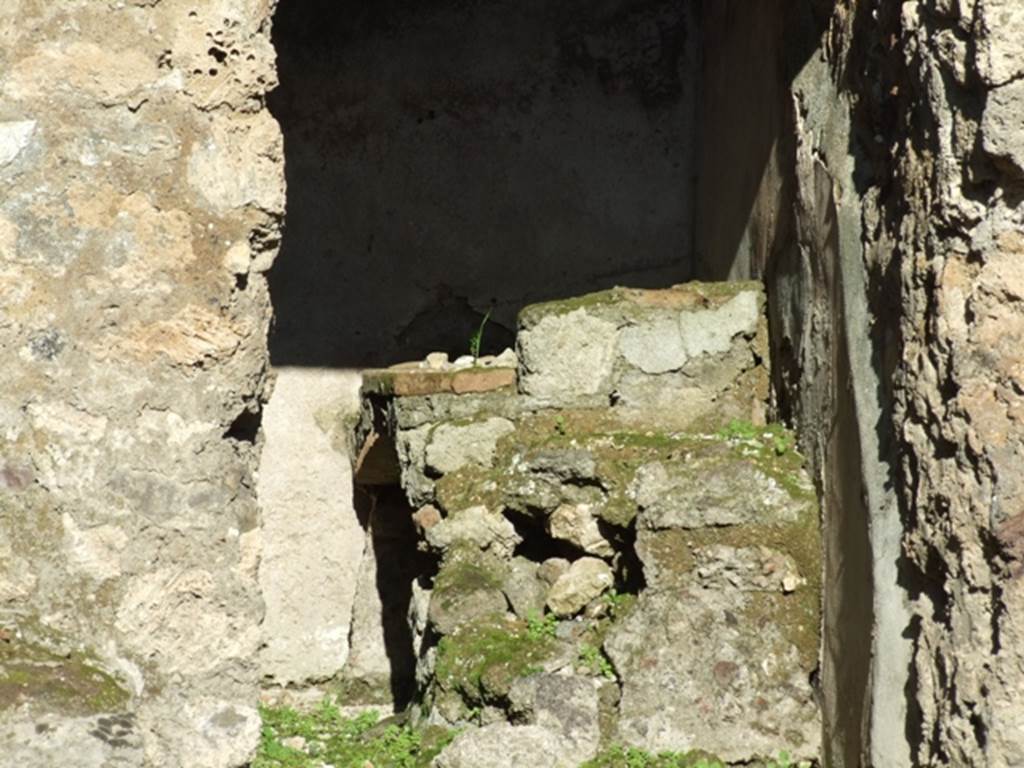 IX.1.4 Pompeii. March 2009. Hearth against south wall in rear room.
According to Boyce, somewhere in this shop on an east wall was a panel of special stucco. In this panel were painted two red serpents confronted at an altar. A tile was embedded in the wall below their heads, to serve as a shelf for offerings. There does not appear to be any signs today of either a tile or painting.
See Boyce G. K., 1937. Corpus of the Lararia of Pompeii. Rome: MAAR 14. (p.79)
According to Eschebach, the serpents were painted on the right pilaster of the shop room.
See Eschebach, L., 1993. Gebudeverzeichnis und Stadtplan der antiken Stadt Pompeji. Kln: Bhlau. (p.398)
