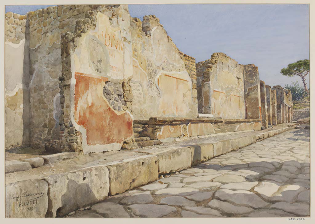 IX.1.19 Pompeii, on left. 1896. Watercolour by Luigi Bazzani showing graffiti on pilaster between the shop, and house at IX.1.20 Pompeii, in centre.
Looking east along north side of Via dell’Abbondanza.
Photo © Victoria and Albert Museum. Inventory number 1428-1901.