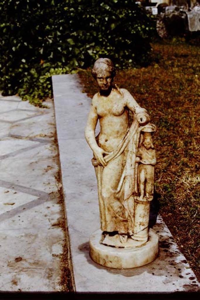 IX.1.20 Pompeii. 1971. White marble statuette of Venus. Now in Naples Museum, inventory number – 109620. Found 19th February 1866. Photo by Stanley A. Jashemski.
Source: The Wilhelmina and Stanley A. Jashemski archive in the University of Maryland Library, Special Collections (See collection page) and made available under the Creative Commons Attribution-Non Commercial License v.4. See Licence and use details. J71f0290
According to Jashemski, this statuette of Venus (0.47cm high) was found in a wooden cabinet where it had been stored along with other items of the domestic cult which had been emptied from the nearby lararium.
See Jashemski, W. F., 1993. The Gardens of Pompeii, Herculaneum and the Villas destroyed by Vesuvius. New York: Caratzas. (p.125).
See Studi della Soprintendenza archeologica di Pompei, no.26: Marmora Pompeiana nel Museo Archeologico Nazionale di Napoli. (p.163).