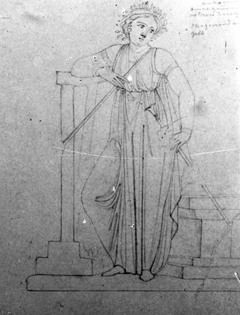 IX.1.20 Pompeii. W.343 (detail from). Room 9, drawing of Muse Euterpe, from east end of south wall.
Photo by Tatiana Warscher. Photo © Deutsches Archäologisches Institut, Abteilung Rom, Arkiv.