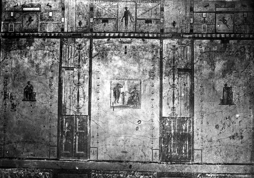IX.1.20 Pompeii. W.344. Room 9, east wall of triclinium.
In the panel on the left, at the north end of the east wall would have been the Muse Urania.
In the central panel would have been a painting of Venus and the evening star (or Aphrodite and Hesperus)
See Helbig, W., 1868. Wandgemälde der vom Vesuv verschütteten Städte Campaniens. Leipzig: Breitkopf und Härtel. (367)
In the panel on the right, at the south end of the east wall would have been the Muse Terpsichore.
See Gallo, A. (2000): I quadri perduti del triclinio “S” della casa di M. Epidio Rufo. (p.89) in Assoc. Internazionale Amici di Pompei: Rivista di Studi Pompeiani, XI, 2000, “L’Erma” di Bretschneider, Rome, (p.87-100)
Photo by Tatiana Warscher. Photo © Deutsches Archäologisches Institut, Abteilung Rom, Arkiv.