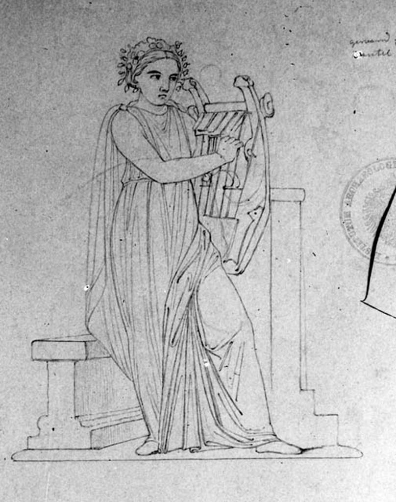 IX.1.20 Pompeii. W.338. Room 9, drawing of Terpsicore, from panel at south end of east wall.
Photo by Tatiana Warscher. Photo © Deutsches Archäologisches Institut, Abteilung Rom, Arkiv.