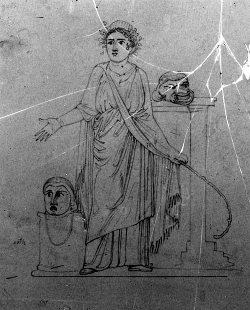 IX.1.20 Pompeii. W.341. Room 9, drawing of Muse Thalia from central panel on north wall.
Photo by Tatiana Warscher. Photo © Deutsches Archäologisches Institut, Abteilung Rom, Arkiv.