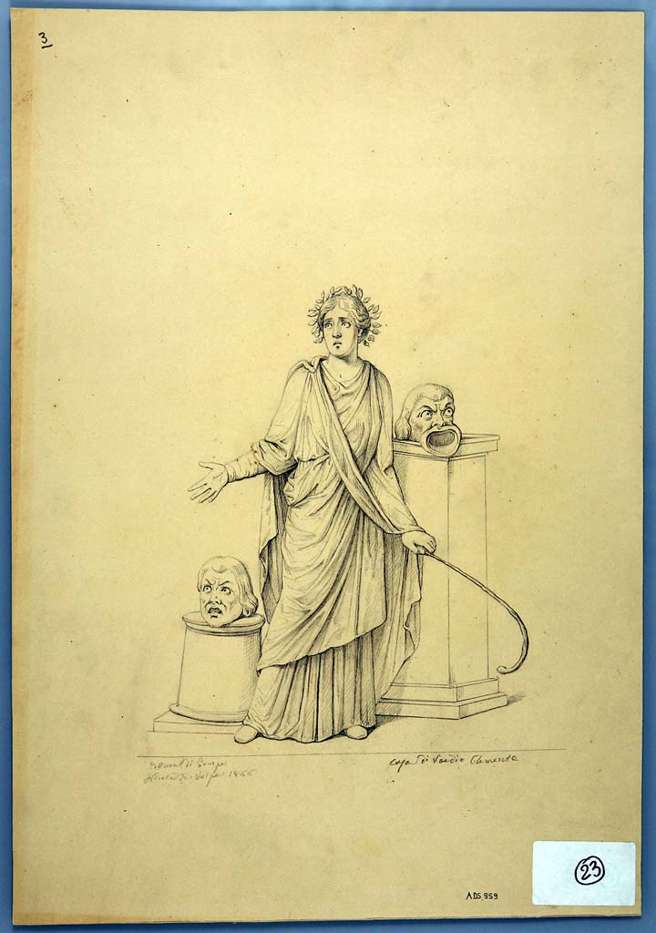 IX.1.20 Pompeii. Drawing by Nicola La Volpe, 1866, of painting of the Muse Thalia, from north wall of triclinium, but not much trace remains of the painting today.
See Helbig, W., 1868. Wandgemälde der vom Vesuv verschütteten Städte Campaniens. Leipzig: Breitkopf und Härtel, (885b).
Now in Naples Archaeological Museum. Inventory number ADS 959.
Photo © ICCD. http://www.catalogo.beniculturali.it
Utilizzabili alle condizioni della licenza Attribuzione - Non commerciale - Condividi allo stesso modo 2.5 Italia (CC BY-NC-SA 2.5 IT)