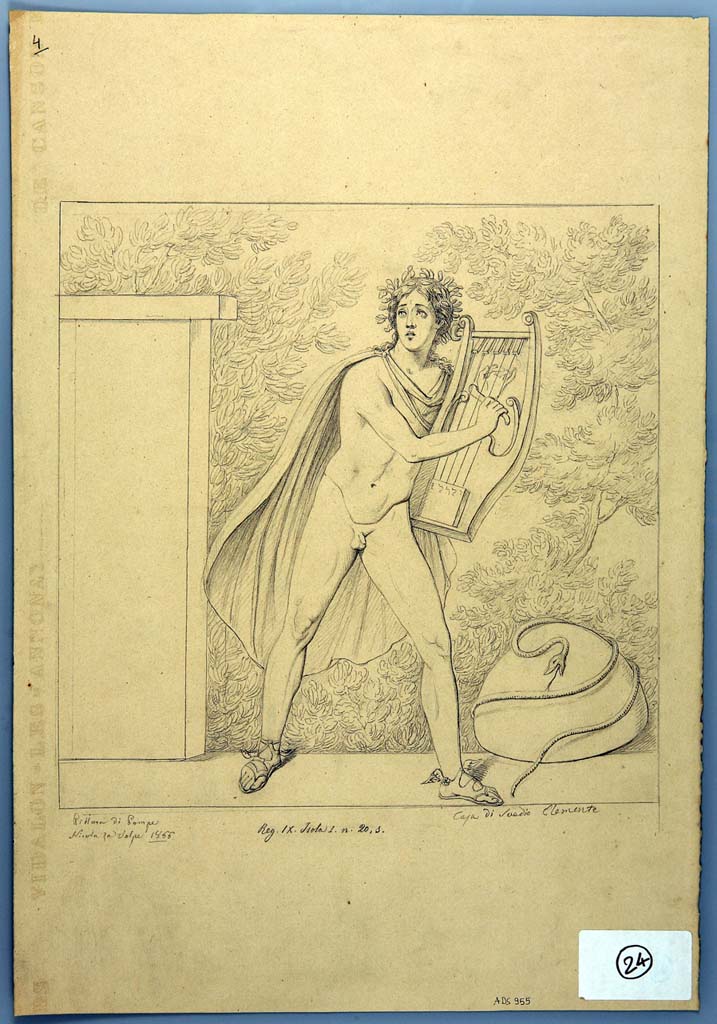 IX.1.20 Pompeii. Drawing by Nicola La Volpe, 1866, of painting from north wall of triclinium, described as “from the Casa di Suedio Clemente”.
Apollo with lyre, near an altar and omphalos with serpent.
See Helbig, W., 1868. Wandgemälde der vom Vesuv verschütteten Städte Campaniens. Leipzig: Breitkopf und Härtel, (231).
Now in Naples Archaeological Museum. Inventory number ADS 955.
Photo © ICCD. http://www.catalogo.beniculturali.it
Utilizzabili alle condizioni della licenza Attribuzione - Non commerciale - Condividi allo stesso modo 2.5 Italia (CC BY-NC-SA 2.5 IT)