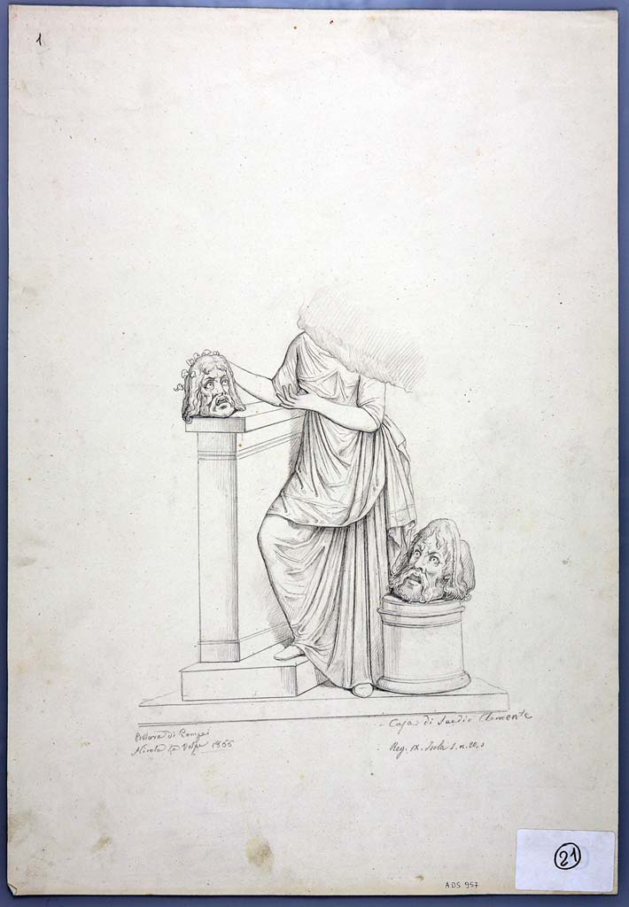 IX.1.20 Pompeii. Drawing by Nicola La Volpe, 1866, of painting of the Muse Melpomene with two tragic masks, from the east end of north wall of triclinium, but now completely faded.
See Helbig, W., 1868. Wandgemälde der vom Vesuv verschütteten Städte Campaniens. Leipzig: Breitkopf und Härtel, (874b).
Now in Naples Archaeological Museum. Inventory number ADS 957.
Photo © ICCD. http://www.catalogo.beniculturali.it
Utilizzabili alle condizioni della licenza Attribuzione - Non commerciale - Condividi allo stesso modo 2.5 Italia (CC BY-NC-SA 2.5 IT)
