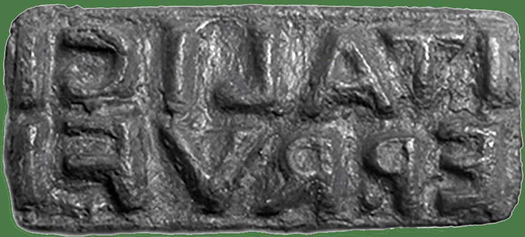 IX.1.20 Pompeii. Found on 3rd March 1866. Room 10, tablinum. Seal of Italicus servant of Epidius Rufus.
The seal has the name ITALICI EP. RVFI.
According to the Epigraphic Database Roma this reads:
Italici
Ep(idi) Rufi (:servi)
Now in Naples Archaeological Museum. Inventory number 4756.