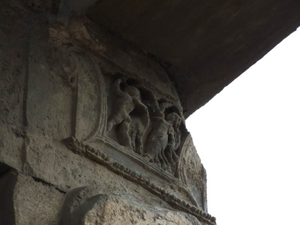 IX.1.20 Pompeii. December 2007. Room 2. Atrium, West Side. Figured capital from north western corner consisting of a full figure relief of satyrs and bacchantes.