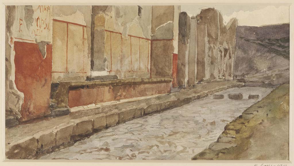 IX.1.20 Pompeii, Undated watercolour, view showing the footway in front of the 'House of Epidius Rufus' and the 'House of Epidius Sabinus' at Pompeii
Looking east along north side of “unexcavated” Via dell’Abbondanza.
Photo © Victoria and Albert Museum. Inventory number 2051-1900.