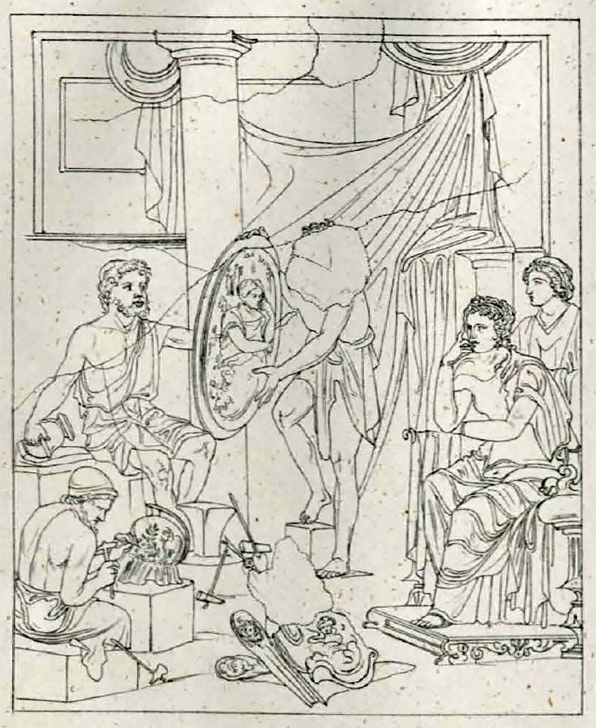 IX.1.22 Pompeii. 1868 drawing by Helbig. Room 10, north wall of oecus.
The painting now faded from the centre, was probably Thetis with Hephaestus
See Schefold, K., 1957. Die Wande Pompejis. Berlin: De Gruyter. (p.238).
See Helbig, W., 1868. Wandgemälde der vom Vesuv verschütteten Städte Campaniens. Leipzig: Breitkopf und Härtel, 1318b, taf. XVII.

