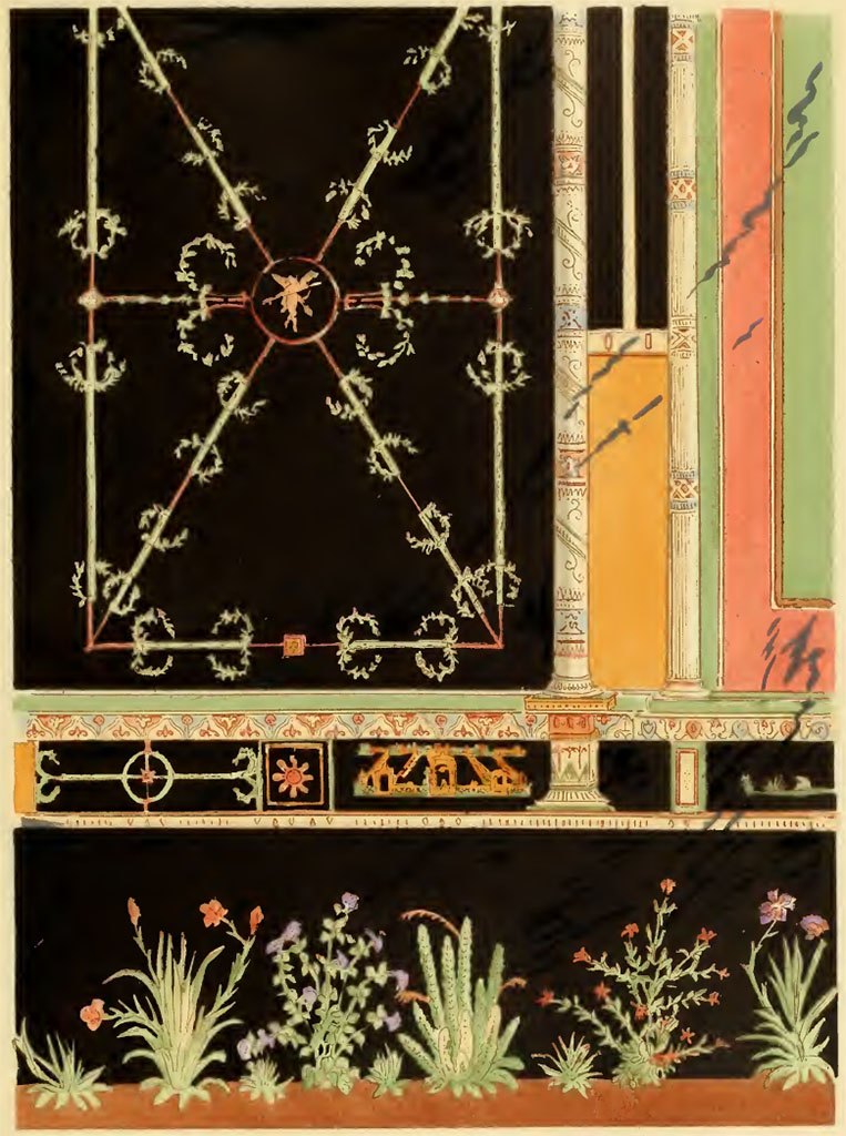IX.1.22 Pompeii. Room 19, reconstruction drawing of west end of north wall.
(XIV. Panneaux d'une salle de la maison d'Epidius Sabinus (Région III, 1, 22). Variété du troisième style.)
See Gusman P., 1924. La Décoration Murale de Pompei. Paris : Morancé, pl. XIV.
