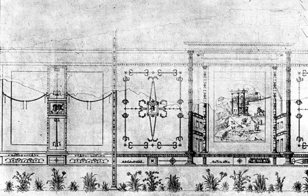 231177 Bestand-D-DAI-ROM-W.349.jpg
IX.1.22 Pompeii. W.349. Room 19, drawing of wall decoration from west wall of exedra/triclinium.
Photo by Tatiana Warscher. With kind permission of DAI Rome, whose copyright it remains. 
See http://arachne.uni-koeln.de/item/marbilderbestand/231177    
See Mau, A. 1882. Geschichte der Decorativen Wandmalerei in Pompeji. Berlin: Reimer, Tav. 15.