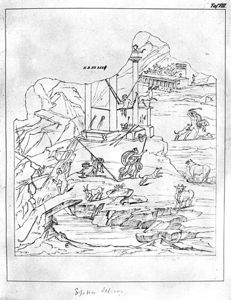 231437 Bestand-D-DAI-ROM-W.346be.jpg
IX.1.22 Pompeii. W.346b. Room 19, drawing of painting from centre of west wall showing story of Artemis and Acteon.
Photo by Tatiana Warscher. With kind permission of DAI Rome, whose copyright it remains. 
See http://arachne.uni-koeln.de/item/marbilderbestand/231437 
