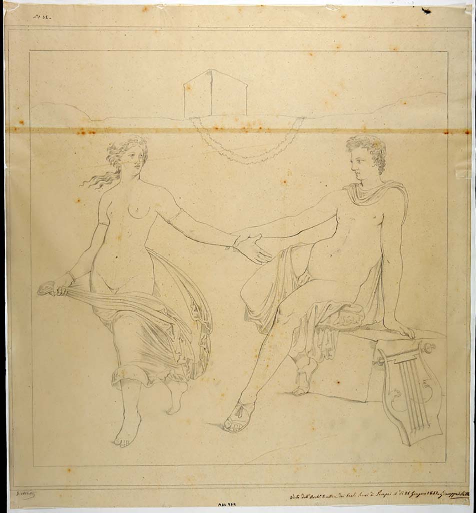 IX.2.10 Pompeii. Drawing by Giuseppe Abbate, 1851, of painting of Apollo and Daphne found in the same triclinium on a wall with a yellow background.
Now in Naples Archaeological Museum. Inventory number ADS 979.
Photo © ICCD. http://www.catalogo.beniculturali.it
Utilizzabili alle condizioni della licenza Attribuzione - Non commerciale - Condividi allo stesso modo 2.5 Italia (CC BY-NC-SA 2.5 IT)
The original painting was also detached and taken to Naples Archaeological Museum.