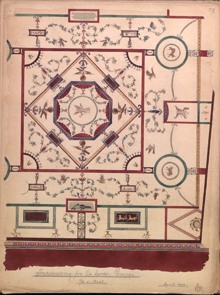 IX.2.10 Pompeii. April 1882. Painting by Hector Estrup showing vaulted ceiling.
See Skitsebog Hector Estrup (1854-1904) Italiensrejse 1882, pl. 37.
© Danmarks Kunstbibliotek, inventory number 52694.
http://kunstbib.dk/en/collections/sketchbooks/sketchbooks/000036205