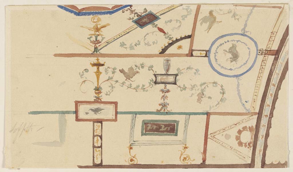 IX.2.10 Pompeii. Undated painting by Luigi Bazzani with detail from north side of vaulted ceiling in Tablinum.
Photo © Victoria and Albert Museum. Inventory number 2045-1900.