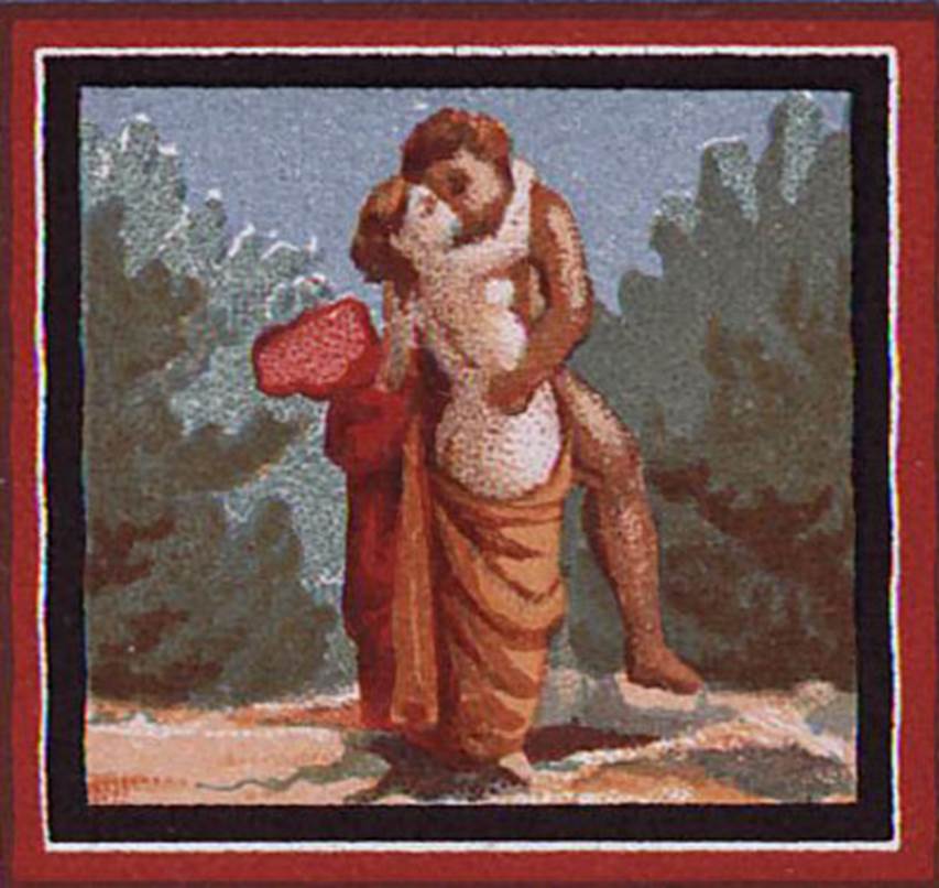 IX.2.10 Pompeii. 1886. Detail from watercolour by D’Amelio, of painting of Polyphemus and Galatea.
Galatea is seen from behind, half naked from her shoulders, embracing and joining to Polyphemus, who is sitting on a rock.
See D’Amelio P., 1886. Dipinti Murali di Pompei. Naples: Richter. pl. 1.