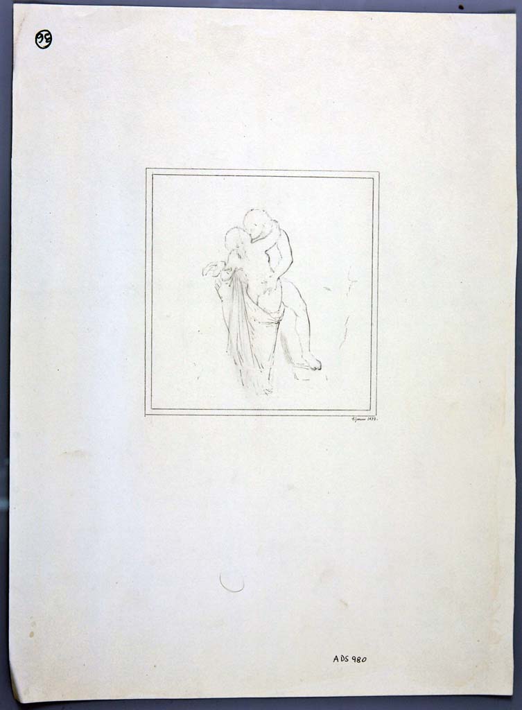 IX.2.10 Pompeii. South wall. 1873 drawing by G. Discanno of painting of Polyphemus and Galatea.
Now in Naples Archaeological Museum. Inventory number ADS 980.
Photo © ICCD. http://www.catalogo.beniculturali.it
Utilizzabili alle condizioni della licenza Attribuzione - Non commerciale - Condividi allo stesso modo 2.5 Italia (CC BY-NC-SA 2.5 IT)