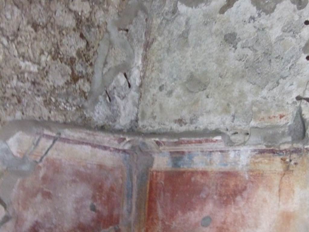 IX.2.10 Pompeii. December 2007. Remains of painted wall panels, and stucco cornice in cubiculum on south side of peristyle.