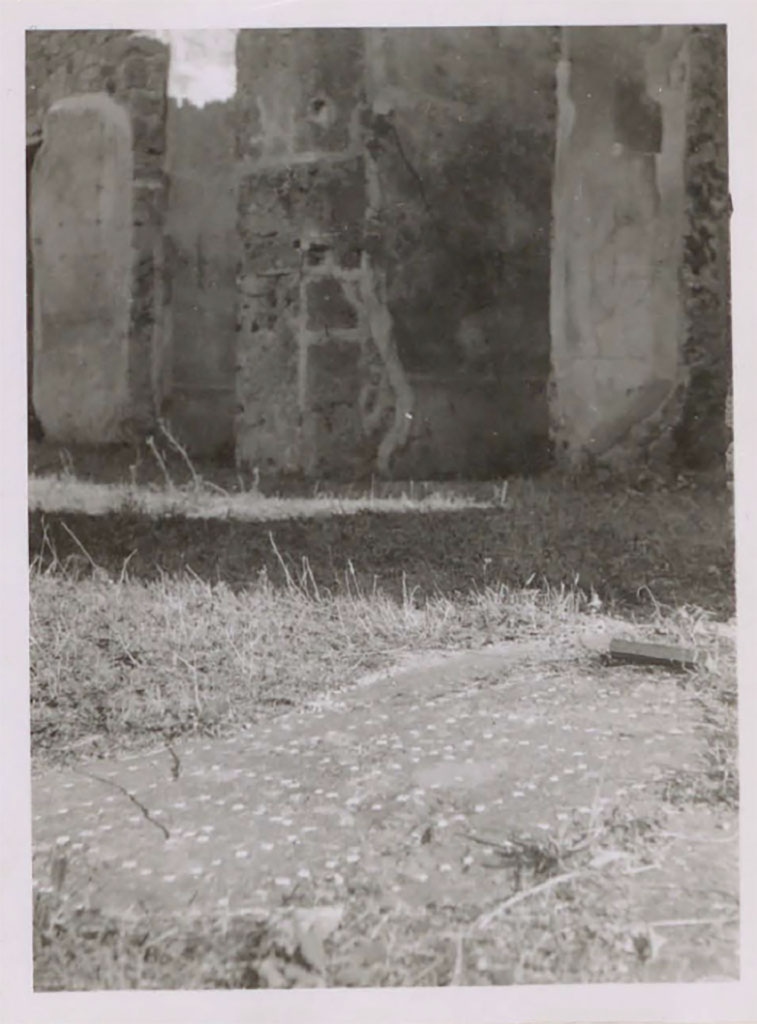 IX.2.16 Pompeii. Pre-1943. Looking towards south-east corner of atrium from tablinum.
According to Warscher – this is the mosaic strip on the floor between the atrium and the tablinum
(La striscia di mosaico sul pavimento fra l‘atrio e il tablino).
See Warscher, T. 1942. Catalogo illustrato degli affreschi del Museo Nazionale di Napoli. Sala LXXXII. Vol.4. Rome, Swedish Institute.
