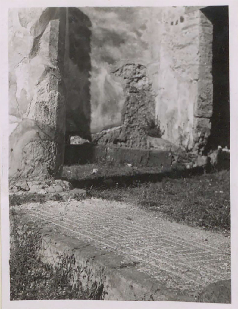 IX.2.16 Pompeii. Pre-1943. 
According to Warscher – this is the mosaic strip between the atrium and tablinum.
(La striscia di mosaico sul pavimento fra l‘atrio e il tablino).
See Warscher, T. 1942. Catalogo illustrato degli affreschi del Museo Nazionale di Napoli. Sala LXXXII. Vol.4. Rome, Swedish Institute.
