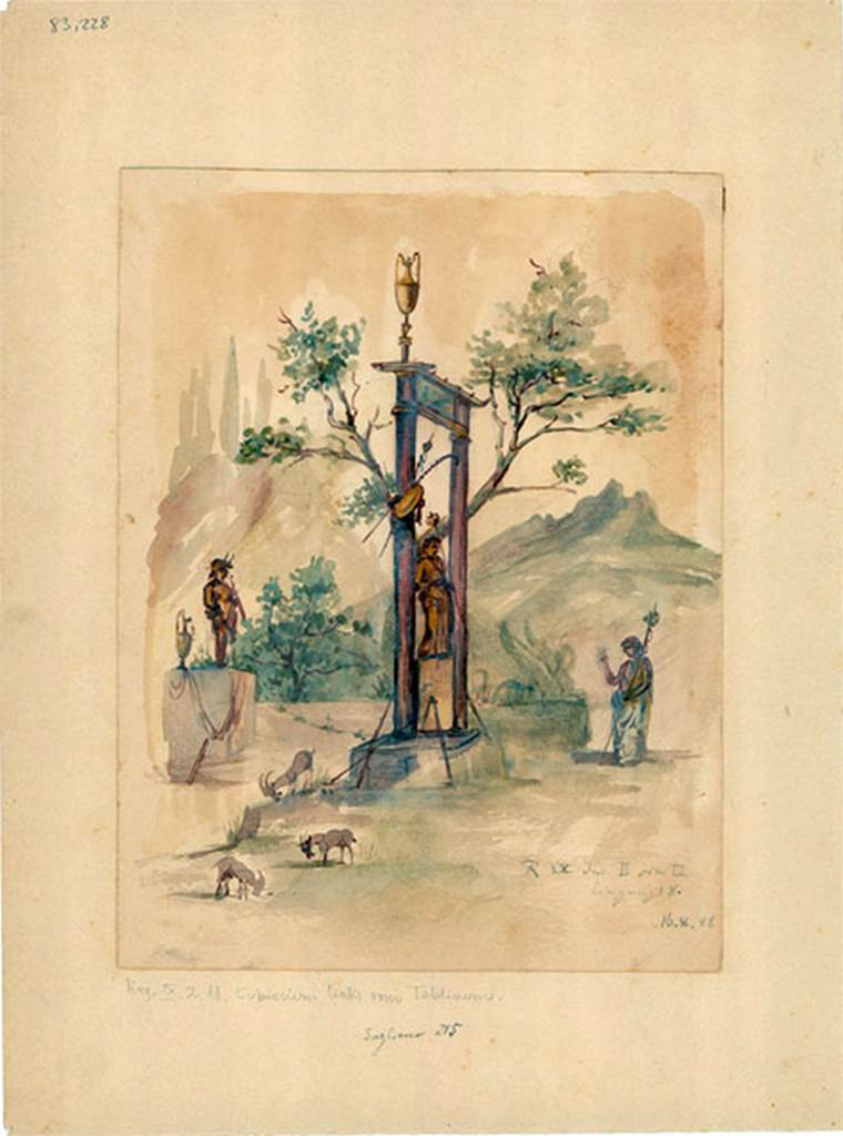 IX.2.18 Pompeii. 1888 watercolour. Room 4, north wall of cubiculum.
Sacred landscape with bronze statue of Dionysus under the sacred portal.
A bacchante approaches a sphynx.
Behind the statue of Dionysus is a statue of Pan.
Three goats graze nearby.
See Sogliano, A., 1879. Le pitture murali campane scoverte negli anni 1867-79. Napoli: Giannini. (p.52, no: 245)
DAIR 83.228. Photo © Deutsches Archäologisches Institut, Abteilung Rom, Arkiv.
According to Kuivalainen,
Bacchus is often represented in sacro-idyllic landscapes among other statues, in this case a Pan made of bronze and a sphinx of marble. The sphinx may allude to Thebes as the domicile of Semele. I rely on the excavator’s report of Bacchus having a beard, though it is no longer clearly visible in drawings. I would see a bearded Bacchus in the drawing by G. Discanno, but e.g. Sampaolo has made no comments of it. The drawing is from the year 1870, so made right after the excavation unlike the later watercolour. The approaching female is either a Maenad or a worshipper. The shrine, a simple structure, protects the statue. A remarkable feature is the asymmetrical position of the ritual requisite.
See Kuivalainen, I., 2021. The Portrayal of Pompeian Bacchus. Commentationes Humanarum Litterarum 140. Helsinki: Finnish Society of Sciences and Letters, (p.84-5, A8).