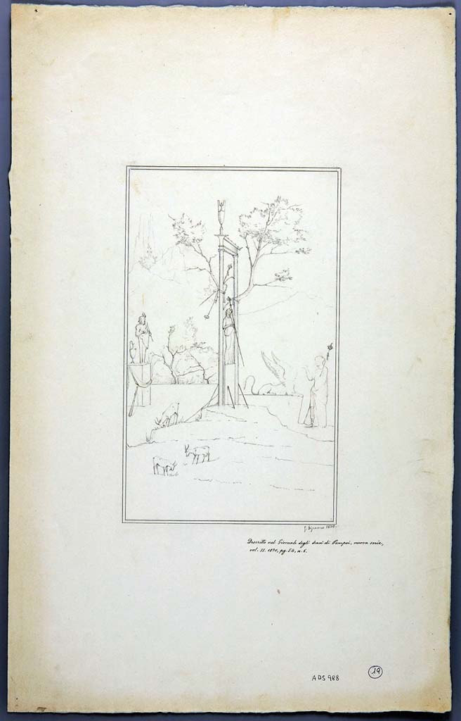 IX.2.18 Pompeii. Drawing by Geremia Discanno, 1870, of painting of sacred landscape, seen on north wall of cubiculum, but now little remains.
Now in Naples Archaeological Museum. Inventory number ADS 988.
Photo © ICCD. http://www.catalogo.beniculturali.it
Utilizzabili alle condizioni della licenza Attribuzione - Non commerciale - Condividi allo stesso modo 2.5 Italia (CC BY-NC-SA 2.5 IT)