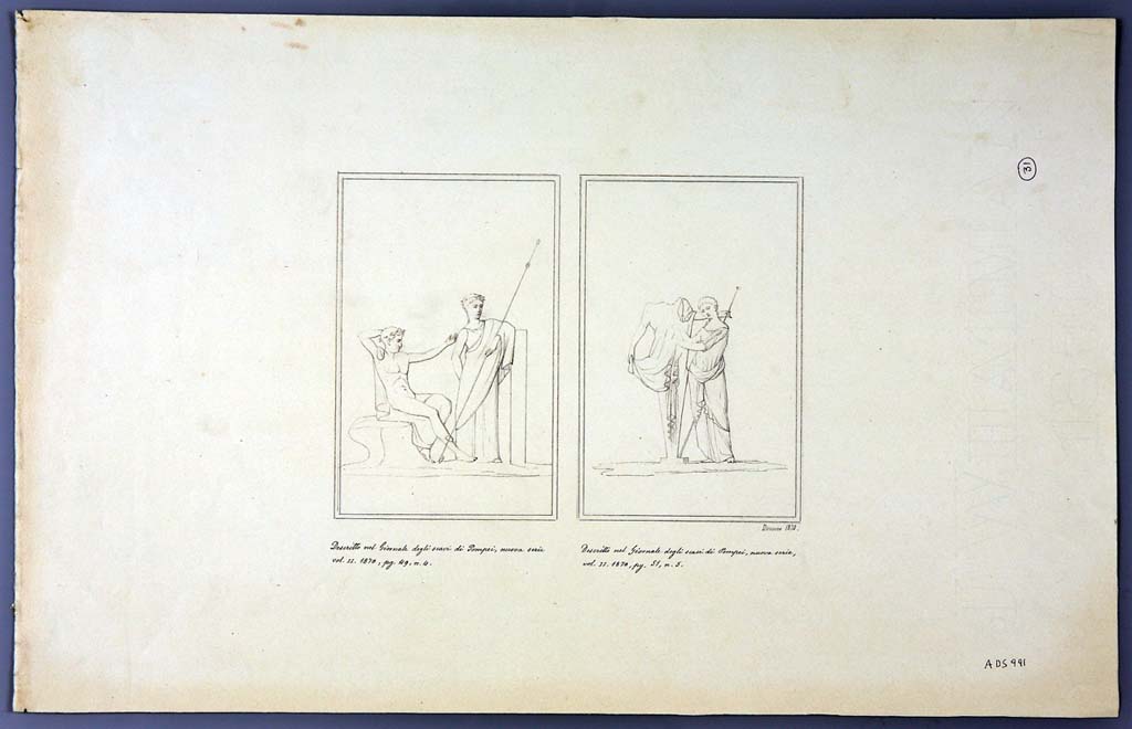 IX.2.21 Pompeii. Room 5, north wall. Copy of painting of Dionysius and Ariadne.
Two drawings by Geremia Discanno, 1870, of paintings seen on the walls of this house.
The drawing on the left may be from the north (or west) wall of room 5 showing a sitting Dionysus and a standing Arianna.
The drawing on the right of a female figure standing near a herm of Dionysus, from cubiculum, room 13. 
Now in Naples Archaeological Museum. Inventory number ADS 990.
Photo  ICCD. https://www.catalogo.beniculturali.it
Utilizzabili alle condizioni della licenza Attribuzione - Non commerciale - Condividi allo stesso modo 2.5 Italia (CC BY-NC-SA 2.5 IT)
See Sogliano, A., 1879. Le pitture murali campane scoverte negli anni 1867-79. Napoli: Giannini. (p.127 no.621).
Kuivalainen describes the painting on the left, as destroyed, and from the west wall.
Kuivalainen comments 
Bacchus to judge by the thyrsus, depicted with Ariadne or a maenad. The youth is the more active figure.
See Kuivalainen, I., 2021. The Portrayal of Pompeian Bacchus. Commentationes Humanarum Litterarum 140. Helsinki: Finnish Society of Sciences and Letters, (p.131, D9).

