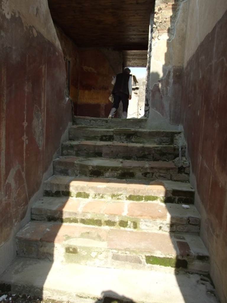 IX.3.5 Pompeii. March 2009. Room 17, stairs to upper level. According to Dyer:
“In order to enter the peristyle, the visitor must ascend a flight of seven steps in the fauces or narrow passage, on the left of the tablinum. On these steps a skeleton was found”.
See Dyer, T., 1867. The Ruins of Pompeii. London: Bell and Daldy. (p.85)