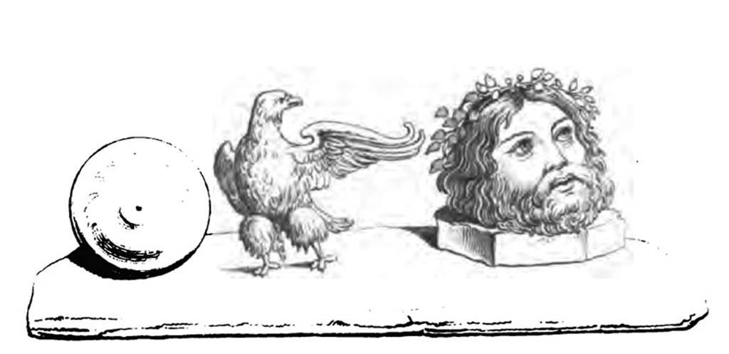 IX.3.5 Pompeii. 1852. Room 17, painted north wall of stairs, west end, drawing by G. Abbate of painted panel with the attributes of Zeus, the globe, a masculine head and the eagle.
See Carratelli, G. P., 1990-2003. Pompei: Pitture e Mosaici: Vol. IX. Roma: Istituto della enciclopedia italiana, page 282.
See Real Museo Borbonico XIV, 1852. Tav. XLIV.