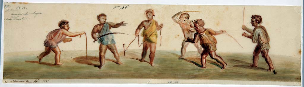 IX.3.5 Pompeii. Room 25, copy painting by Michele Mastracchio of original painting of children playing, seen in the frieze of exedra, room 25.
See Helbig, W., 1868. Wandgemlde der vom Vesuv verschtteten Stdte Campaniens. Leipzig: Breitkopf und Hrtel, (1477).
Now in Naples Archaeological Museum. Inventory number ADS 1078.
Photo  ICCD. http://www.catalogo.beniculturali.it
Utilizzabili alle condizioni della licenza Attribuzione - Non commerciale - Condividi allo stesso modo 2.5 Italia (CC BY-NC-SA 2.5 IT)
Original painting now in Naples Archaeological Museum. Inventory number 9103.

