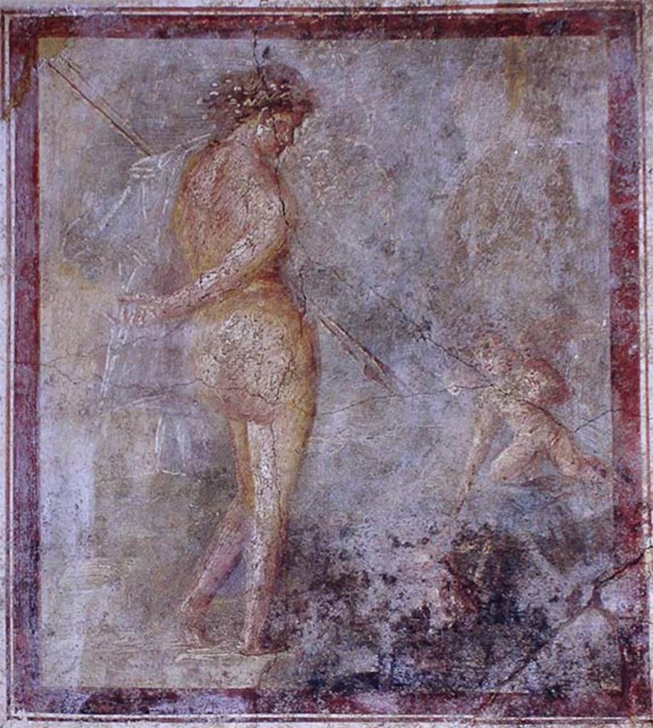 IX.3.5 Pompeii. March 2009. Room 4, wall painting of Narcissus, the centre panel of the west wall.
Now in Naples Archaeological Museum. Inventory number 9381.