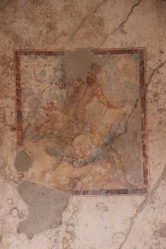 IX.3.5 Pompeii. October 2020. Room 4, remains of wall painting of Satyr and Bacchante, in centre of north wall. 
Photo courtesy of Klaus Heese.
