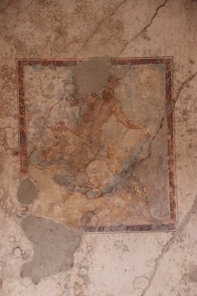 IX.3.5 Pompeii. October 2020. Room 4, remains of wall painting of Satyr and Bacchante, in centre of north wall.
Photo courtesy of Klaus Heese.