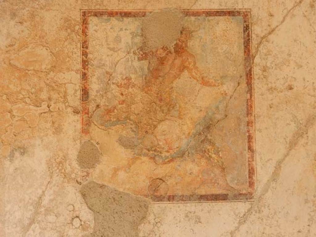 IX.3.5 Pompeii. May 2015. Room 4, remains of wall painting of Satyr and Bacchante, in centre of north wall. Photo courtesy of Buzz Ferebee.