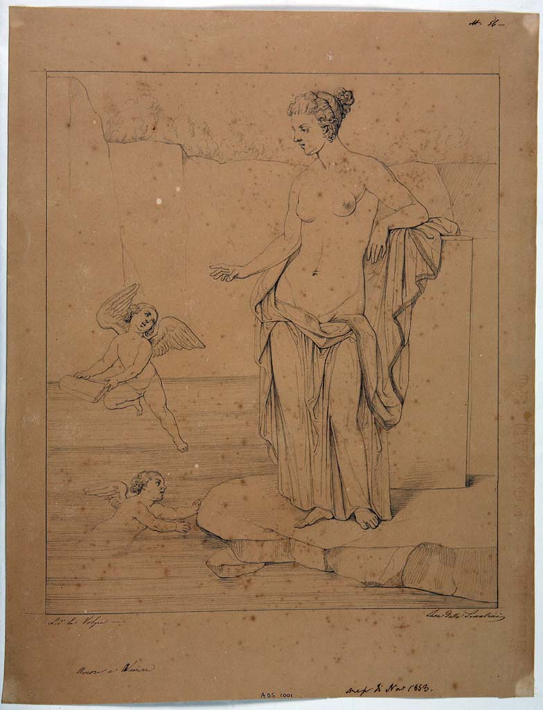 IX.3.5 Pompeii. Room 4, centre of east wall. Drawing by Nicola La Volpe, November 1853, of painting of Venus and the cupids.
Now in Naples Archaeological Museum. Inventory number ADS 1001.
Photo © ICCD. http://www.catalogo.beniculturali.it
Utilizzabili alle condizioni della licenza Attribuzione - Non commerciale - Condividi allo stesso modo 2.5 Italia (CC BY-NC-SA 2.5 IT)