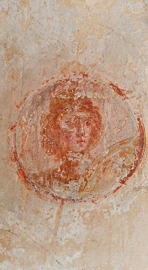 IX.3.5 Pompeii. 2016/2017.
Room 5, west end of north wall. Bust of Mars or Ares with shield.
Photo courtesy of Giuseppe Ciaramella.