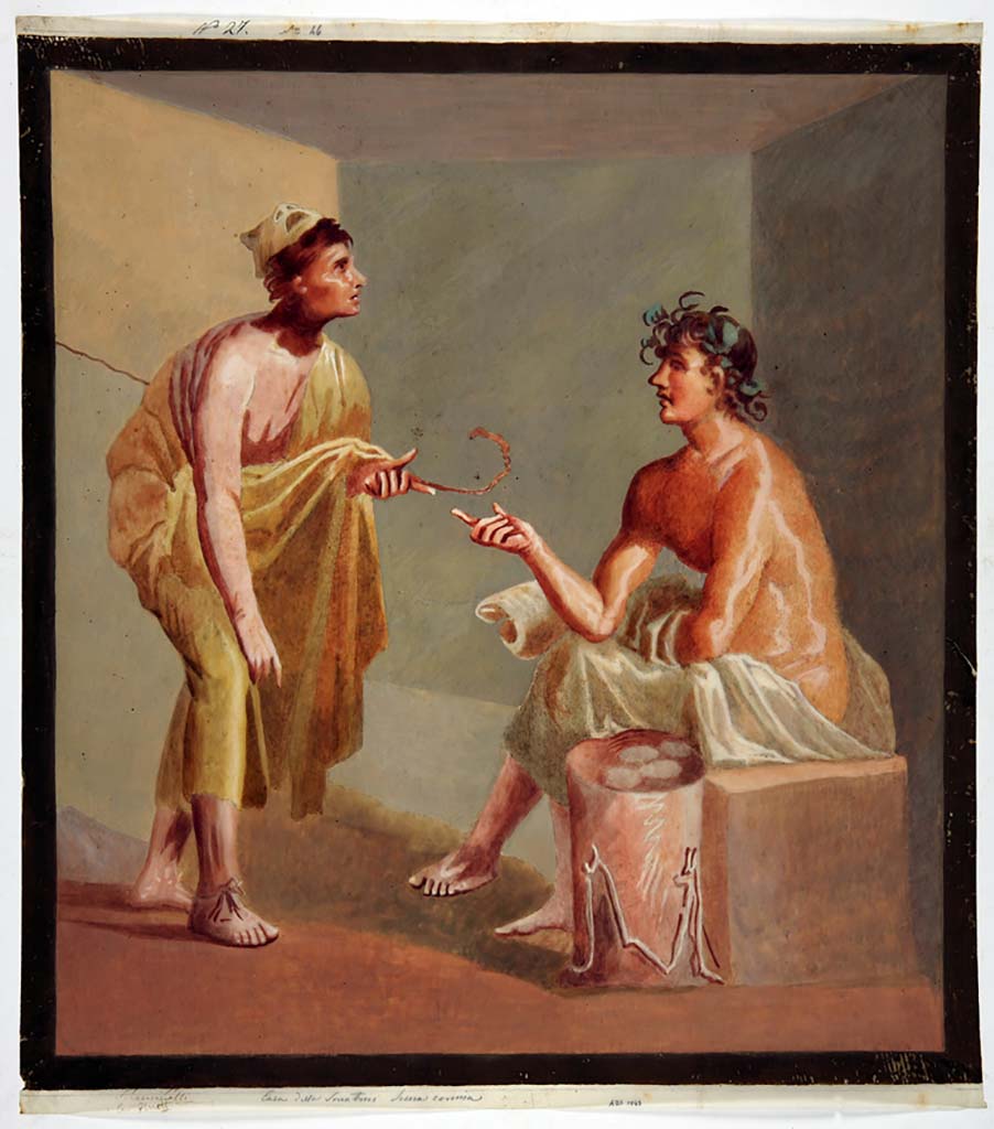 IX.3.5 Pompeii. Room 13, central painting from west wall, copy by Michele Mastracchio, 1850, of a painting of a seated poet with a comic actor.
Now in Naples Archaeological Museum. Inventory number ADS 1045. 
Photo © ICCD. http://www.catalogo.beniculturali.it
Utilizzabili alle condizioni della licenza Attribuzione - Non commerciale - Condividi allo stesso modo 2.5 Italia (CC BY-NC-SA 2.5 IT)
See Helbig, W., 1868. Wandgemälde der vom Vesuv verschütteten Städte Campaniens. Leipzig: Breitkopf und Härtel.(p.346, 1455).
See Bragantini, de Vos, Badoni, 1986. Pitture e Pavimenti di Pompei, Parte 3. Rome: ICCD.  (p. 437)
