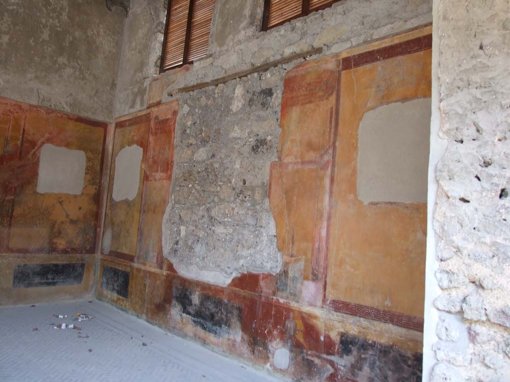 IX.3.5 Pompeii. March 2009. Room 14, south wall, in the centre was a painting of the Triumph of Bacchus.
Now in Naples Archaeological Museum, inventory number 9285.
According to Breton, it showed the child Bacchus accompanied by an old Silenus, mounted on a chariot drawn by oxen and followed by Bacchantes, and by another Satyr playing the double flute. 
See Breton, Ernest. 1870. Pompeia, Guide de visite a Pompei, 3rd ed. Paris, Guerin. 
See Helbig, W., 1868. Wandgemälde der vom Vesuv verschütteten Städte Campaniens. Leipzig: Breitkopf und Härtel. (379)
