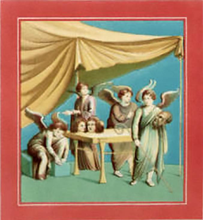 IX.3.5 Pompeii. Triclinium 14, South wall. Tragic Cupids.
According to Schefold, this is inventory number 9191, Helbig 768.
Now in Naples Archaeological Museum. Inventory number 9191.
See Schefold, K., 1957. Die Wände Pompejis. Berlin: De Gruyter, p. 249.
Helbig describes a table with two tragic masks. Left sits an Eros doing up his shoe. Right near the table stands another with yellow robe a pedum in the right a bearded mask in the left.
See Helbig, W., 1868. Wandgemälde der vom Vesuv verschütteten Städte Campaniens. Leipzig: Breitkopf und Härtel, 768.

According to PPM, this is cupids and psyches in an open air banquet. Helbig 757.
Now in Naples Archaeological Museum.  Inventory number 9255.
See Carratelli, G. P., 1990-2003. Pompei: Pitture e Mosaici.  Roma: Istituto della enciclopedia italiana, Vol. IX, fig. 193, p. 273.
